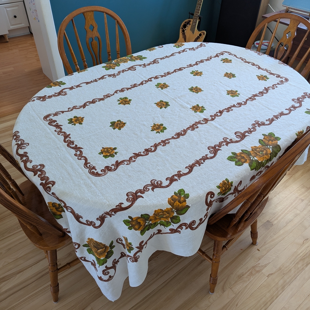 Floral Tablecloth with Brown and Yellow Accents